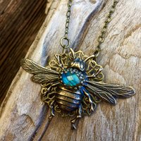 Queen Bee Necklace | Blue Labradorite & Vintage Brass Queen Bee Necklace