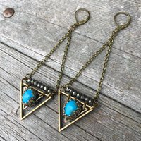 True Wisdom Earrings | Turquoise & Faceted Pyrite | Brass Triangle Drop Earrings