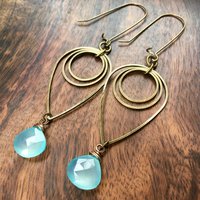 Drop of Rain Earrings | Aqua Blue Chalcedony & Brass Geometric Jewelry