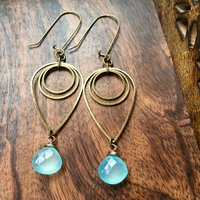 Drop of Rain Earrings | Aqua Blue Chalcedony & Brass Geometric Jewelry