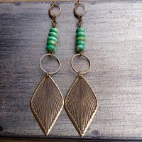 Rides the Wind Earrings | Vintage Brass Leaf & Turquoise Dangle Earrings