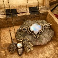 Bee Mystic Necklace | Rainbow Moonstone | Antiqued Art Deco Bee Necklace