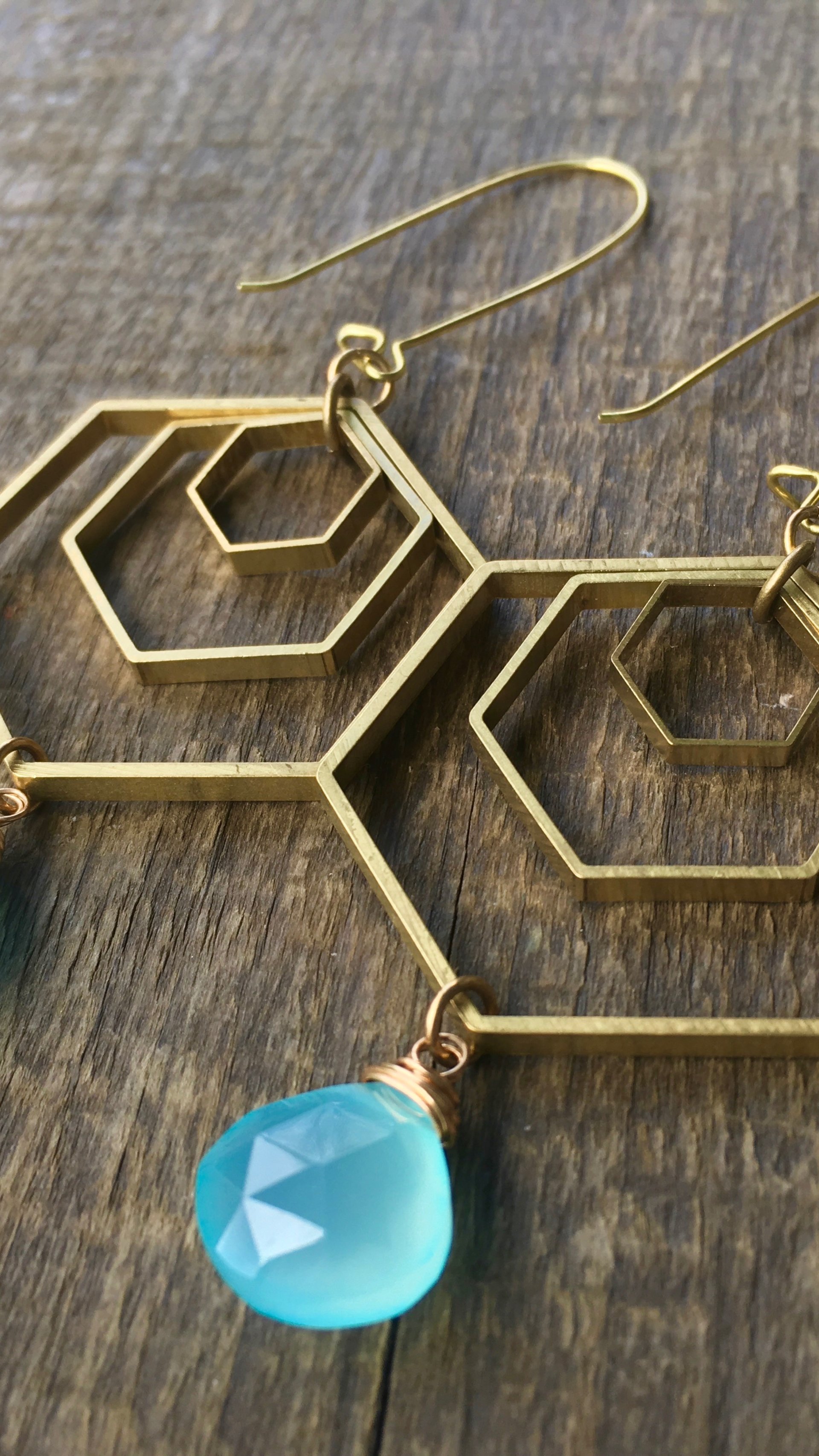 Geo Storm Earrings | Aqua Blue Chalcedony & Brass Hexagon Drop Earrings