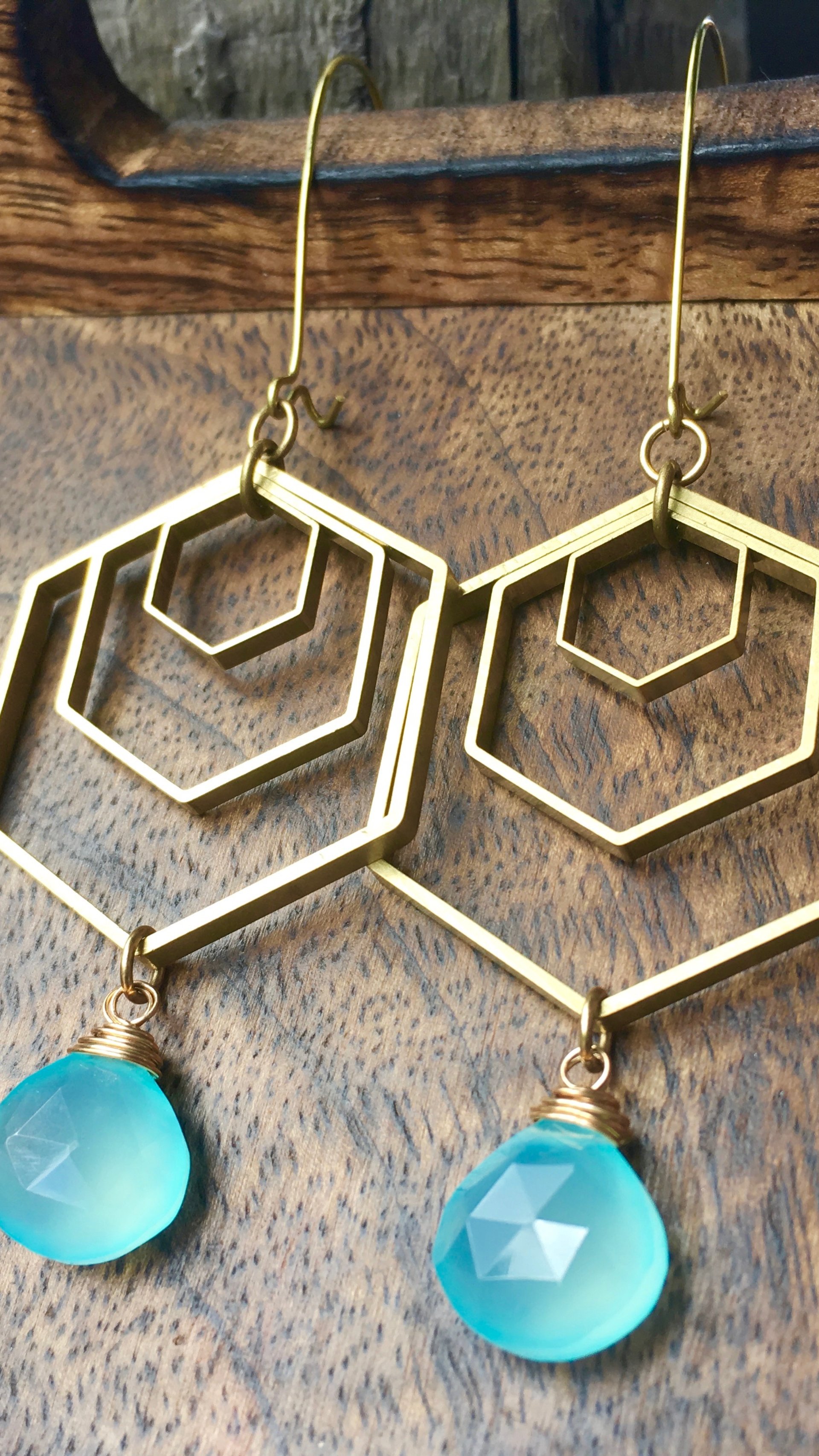 Geo Storm Earrings | Aqua Blue Chalcedony & Brass Hexagon Drop Earrings