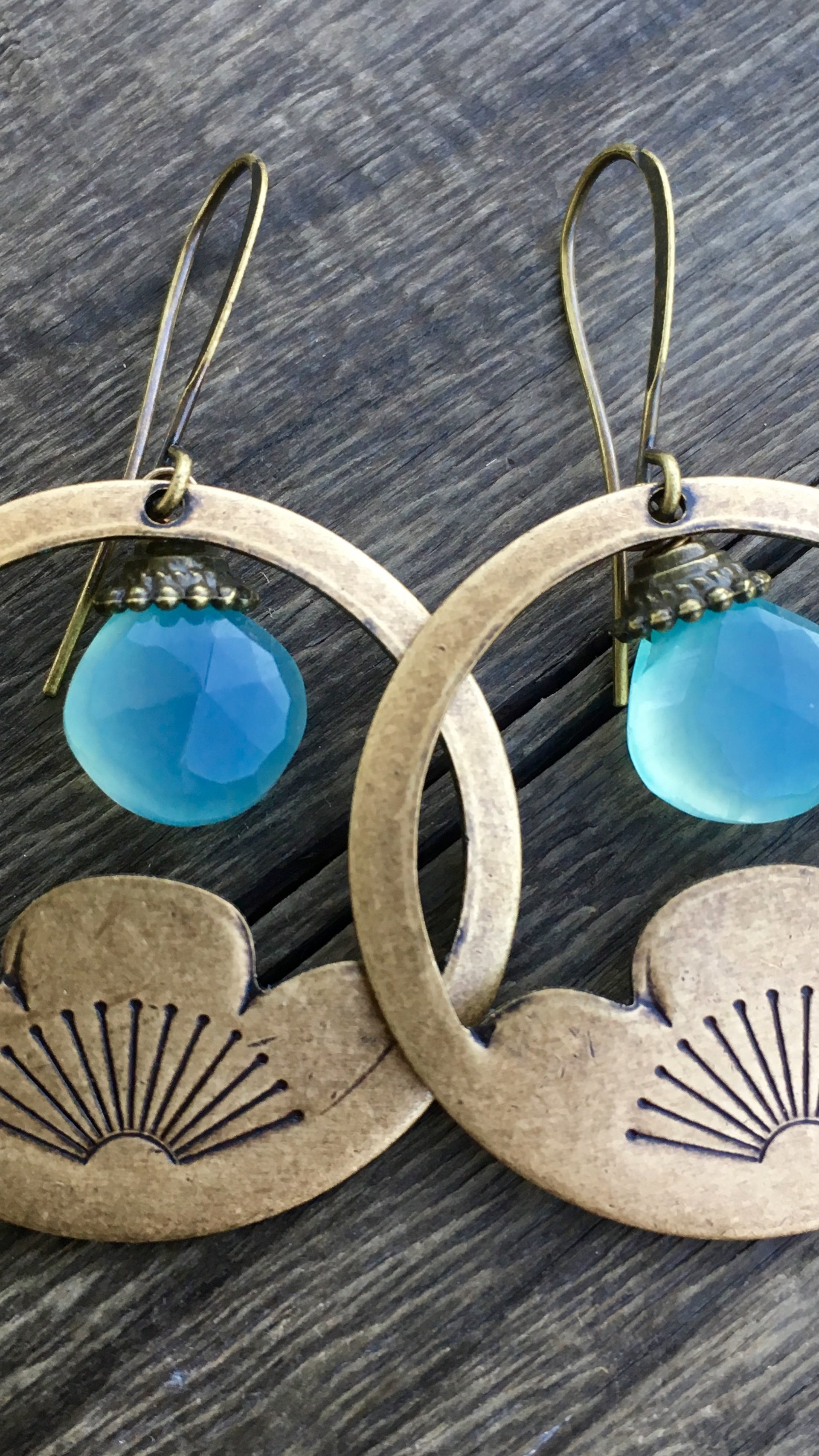 Blue Lotus Earrings | Aqua Blue Chalcedony | Brass Lotus Earrings | Art Deco