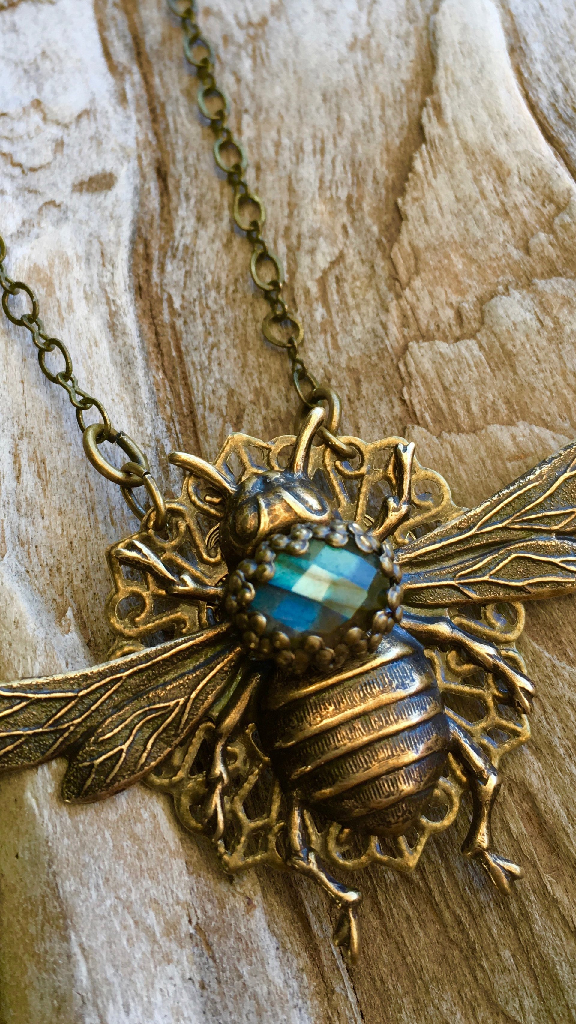 Queen Bee Necklace | Blue Labradorite & Vintage Brass Queen Bee Necklace