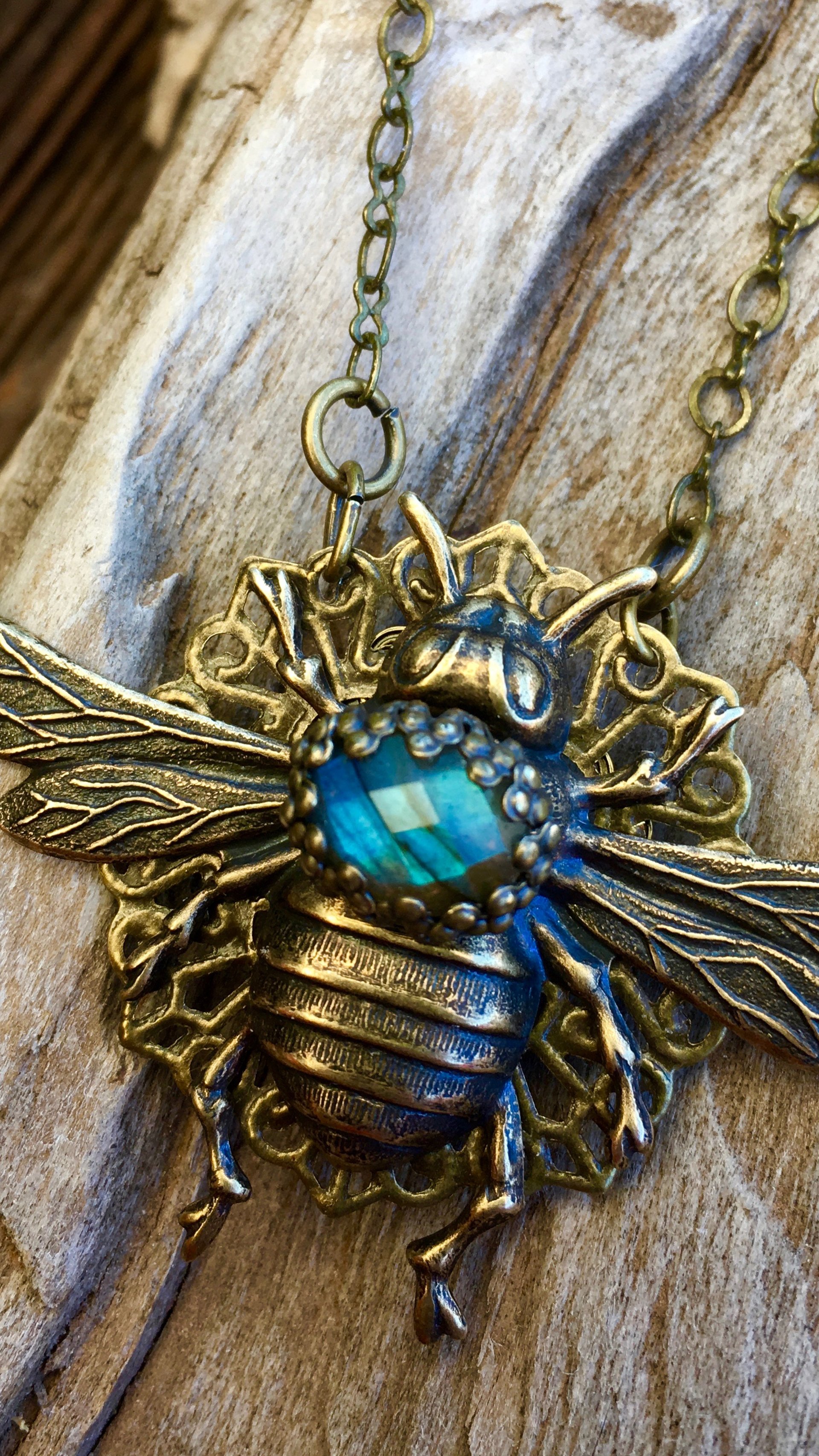 Queen Bee Necklace | Blue Labradorite & Vintage Brass Queen Bee Necklace