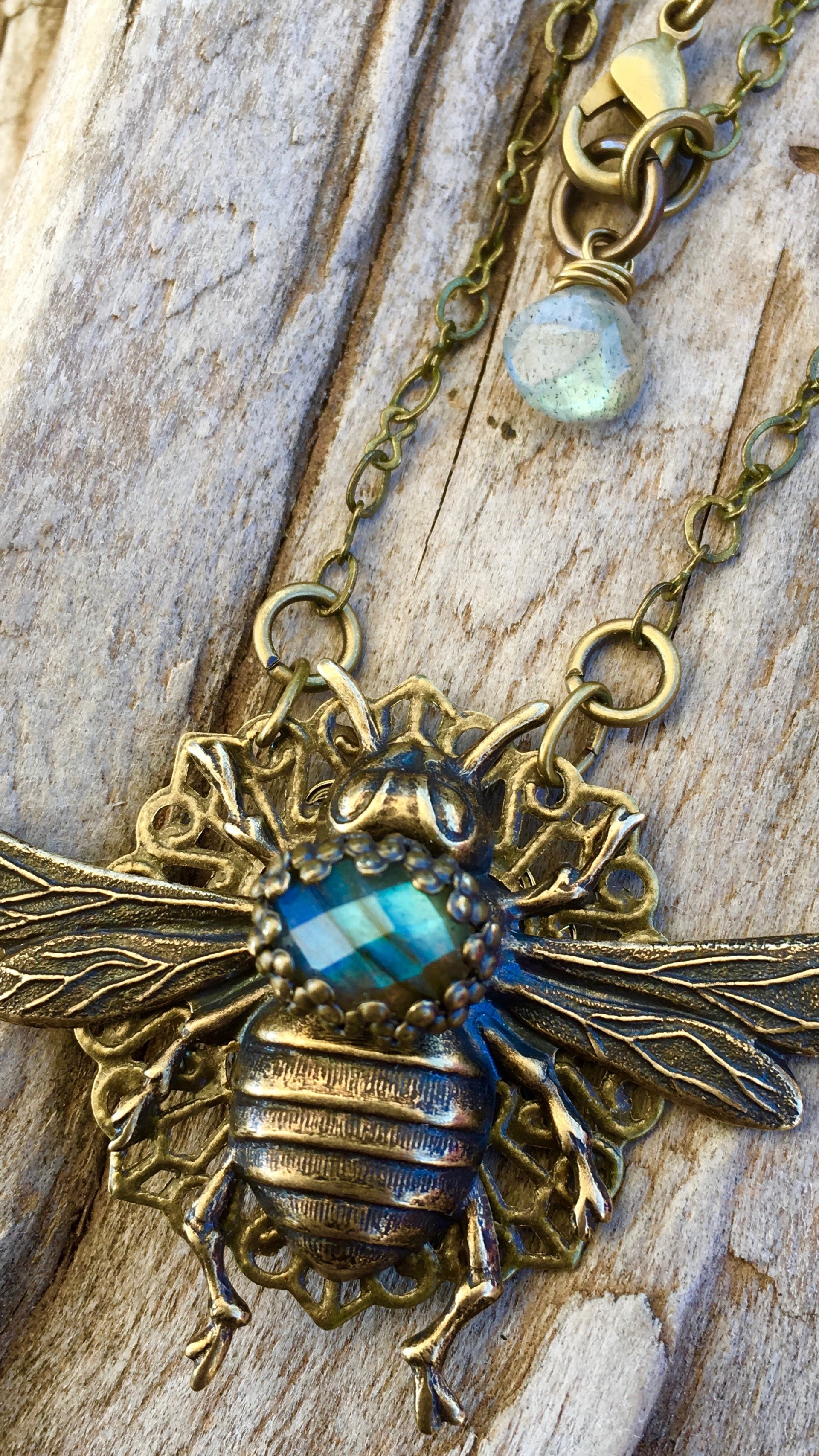 Queen Bee Necklace | Blue Labradorite & Vintage Brass Queen Bee Necklace