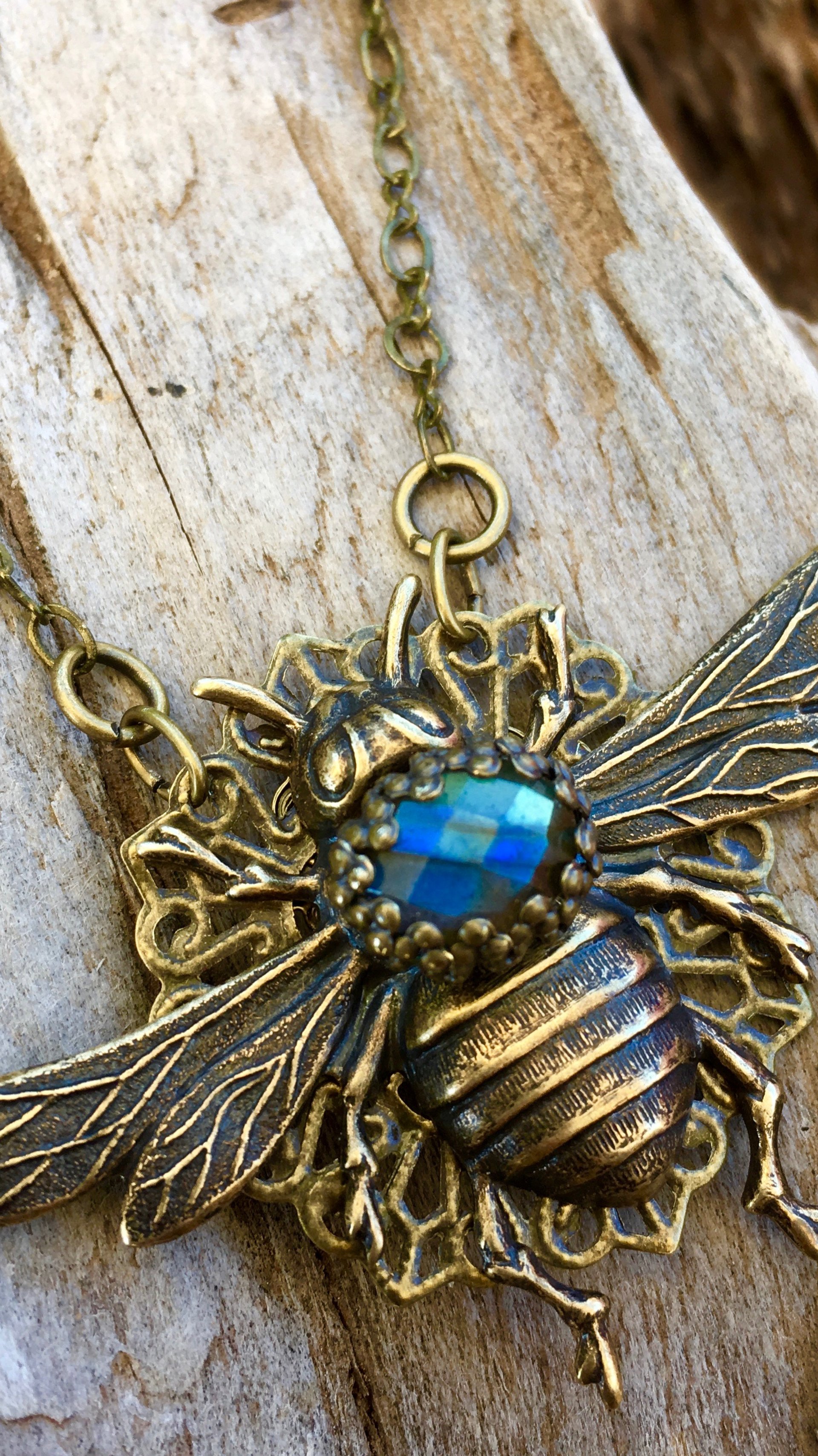 Queen Bee Necklace | Blue Labradorite & Vintage Brass Queen Bee Necklace