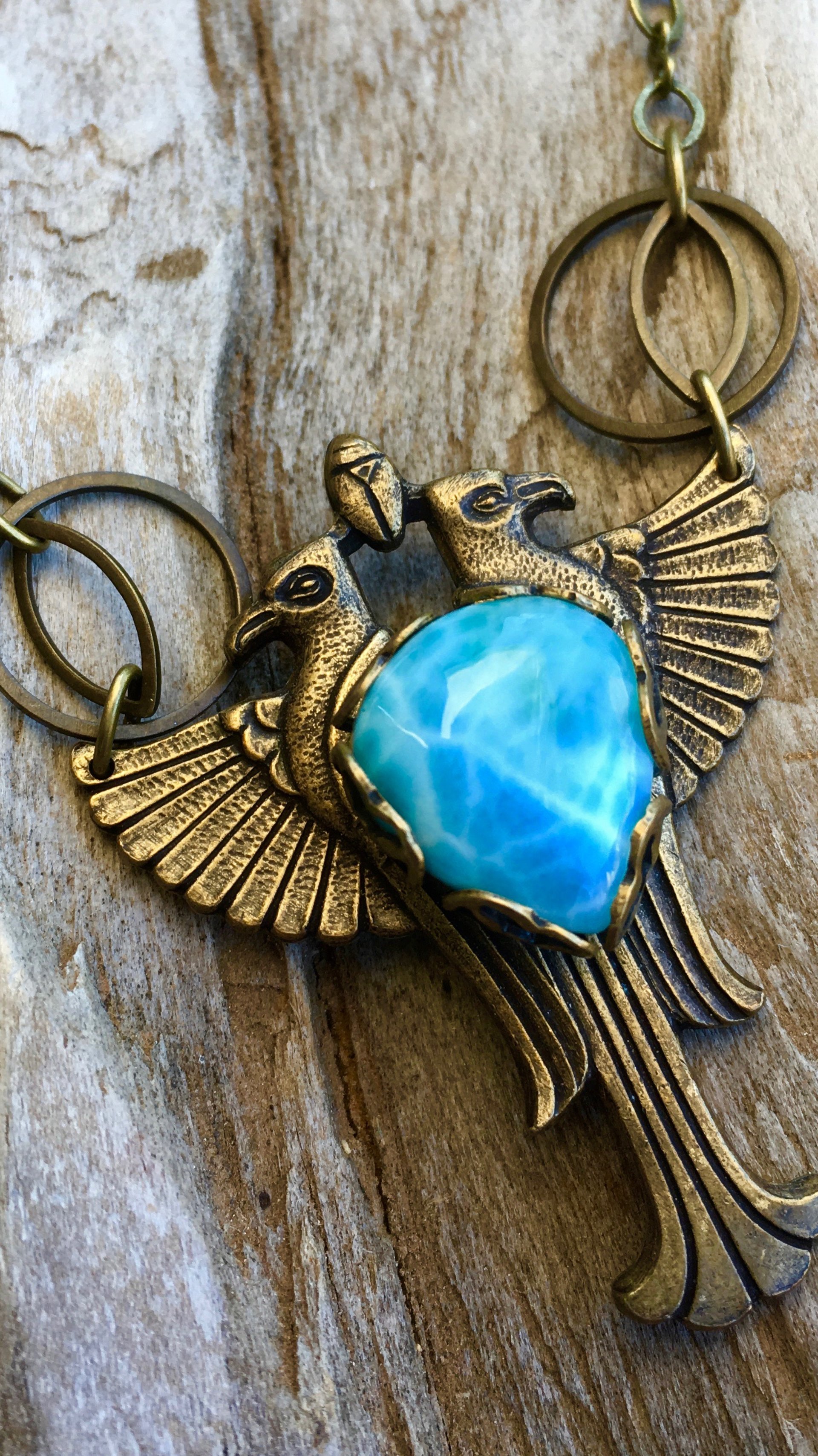 Sky Heart Necklace | Larimar | Brass Winged Falcon Necklace | Egyptian Jewelry