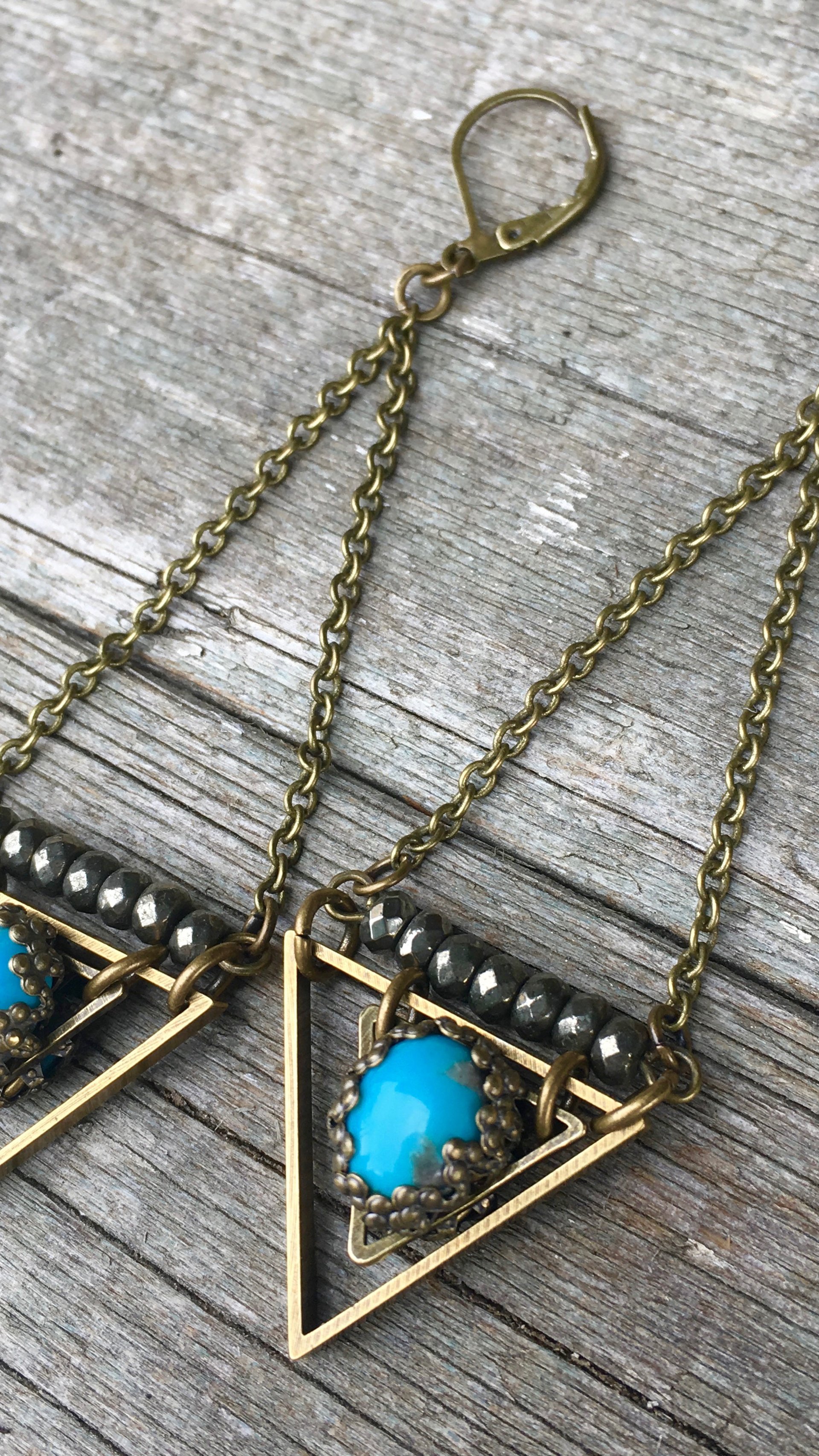 True Wisdom Earrings | Turquoise & Faceted Pyrite | Brass Triangle Drop Earrings