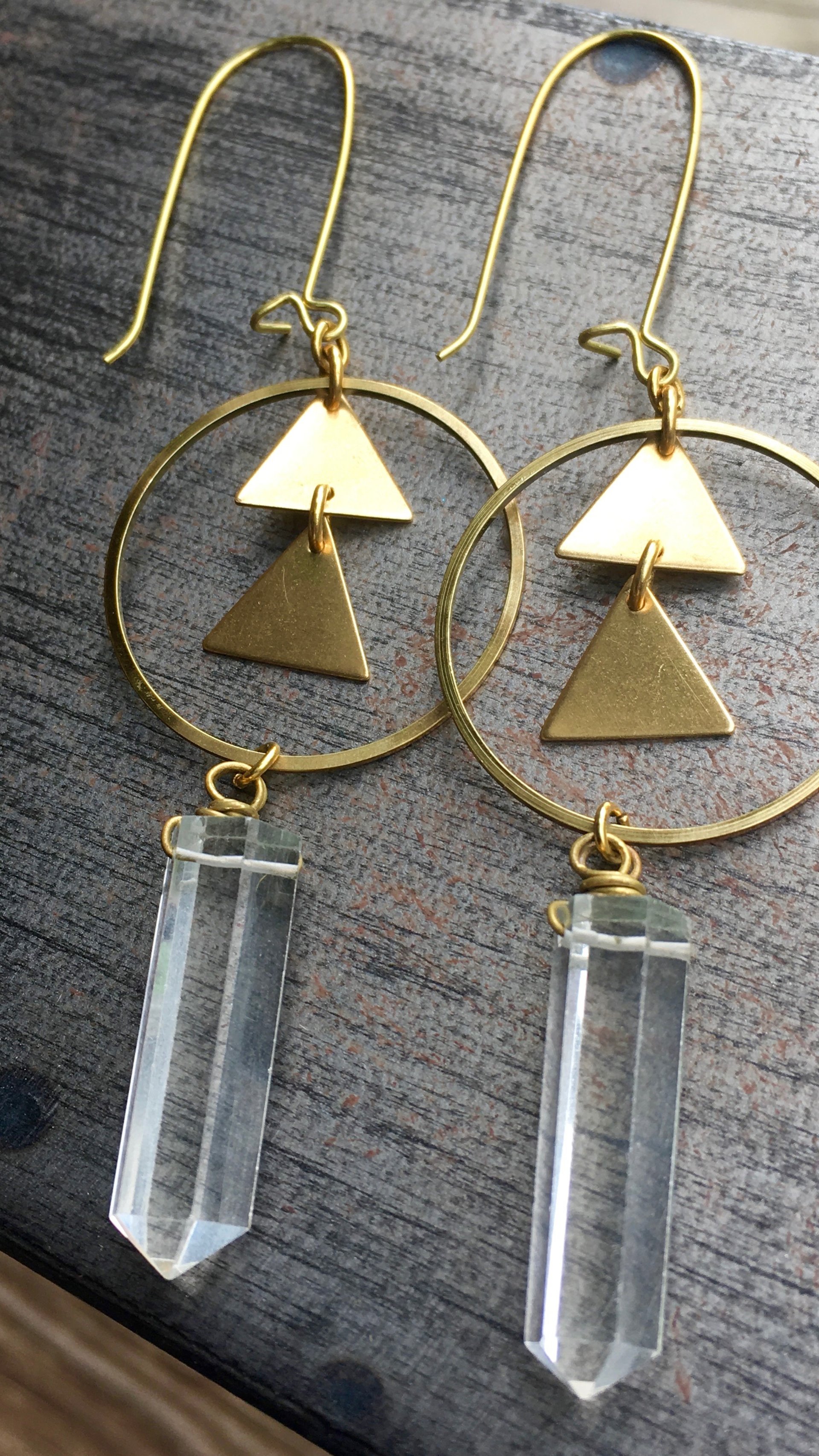 ng Earrings | Quartz Crystal | Brass Triangle Hoop Drop Earrings