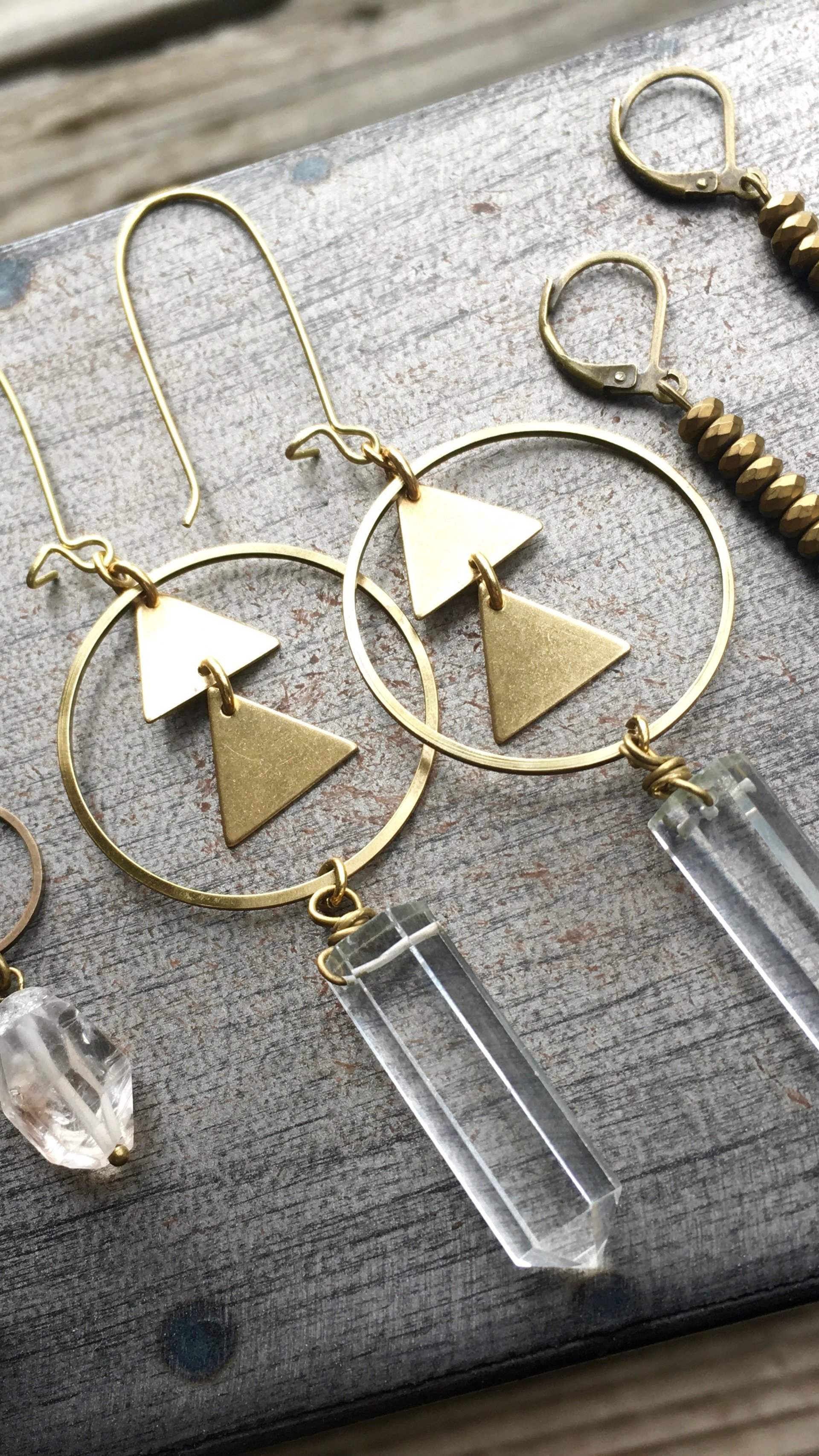 ng Earrings | Quartz Crystal | Brass Triangle Hoop Drop Earrings