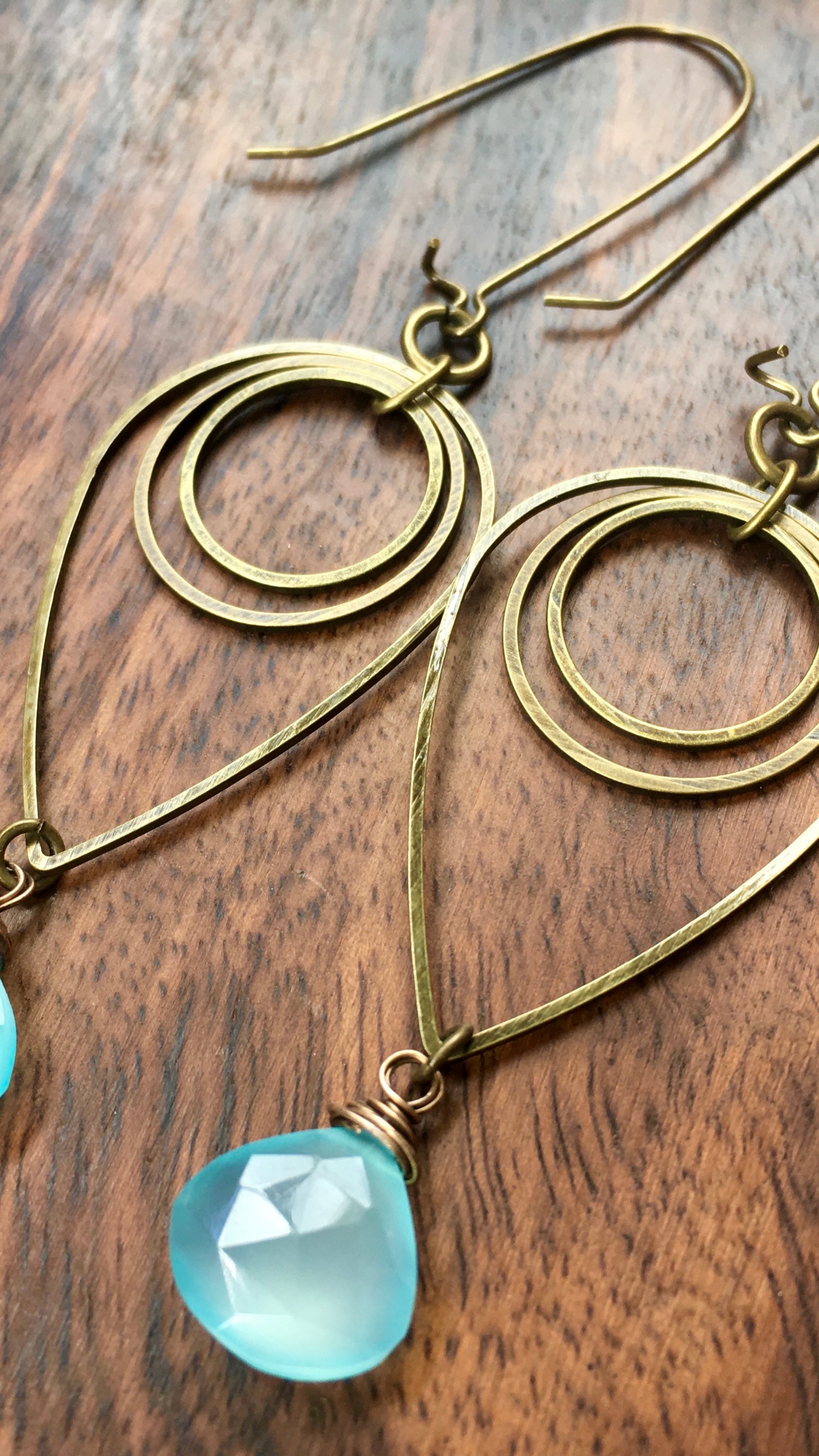 Drop of Rain Earrings | Aqua Blue Chalcedony & Brass Geometric Jewelry