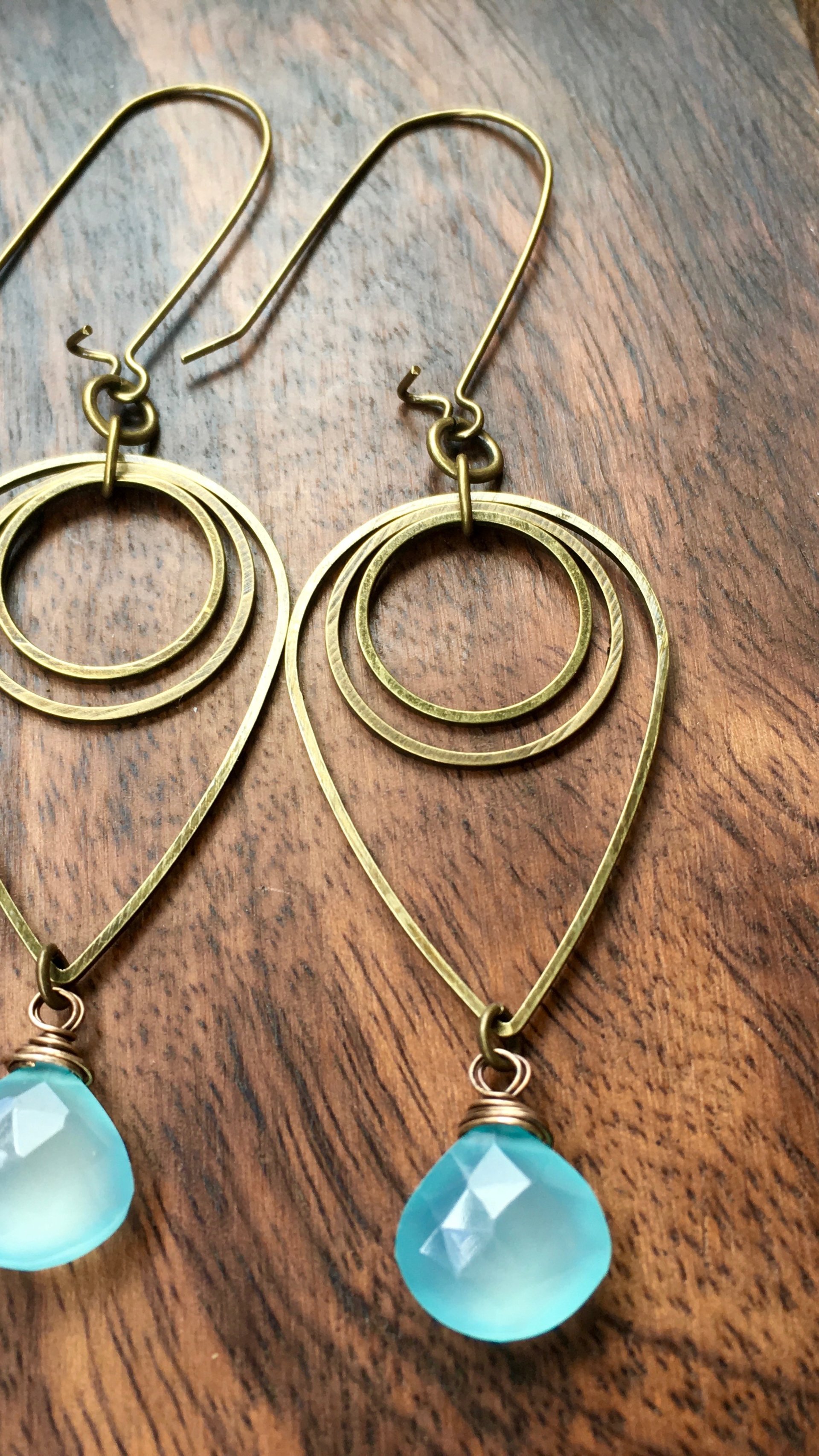 Drop of Rain Earrings | Aqua Blue Chalcedony & Brass Geometric Jewelry