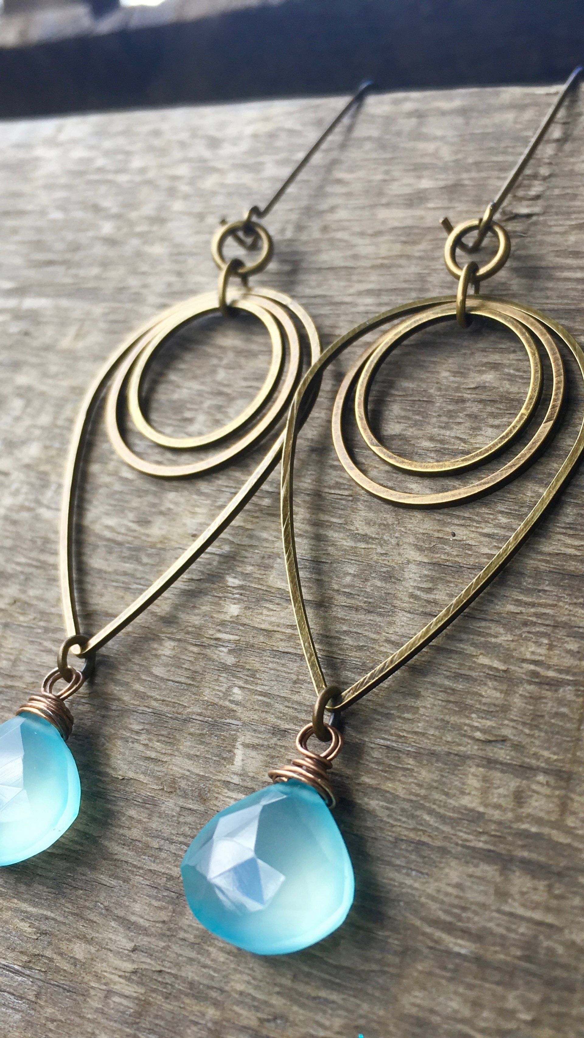 Drop of Rain Earrings | Aqua Blue Chalcedony & Brass Geometric Jewelry