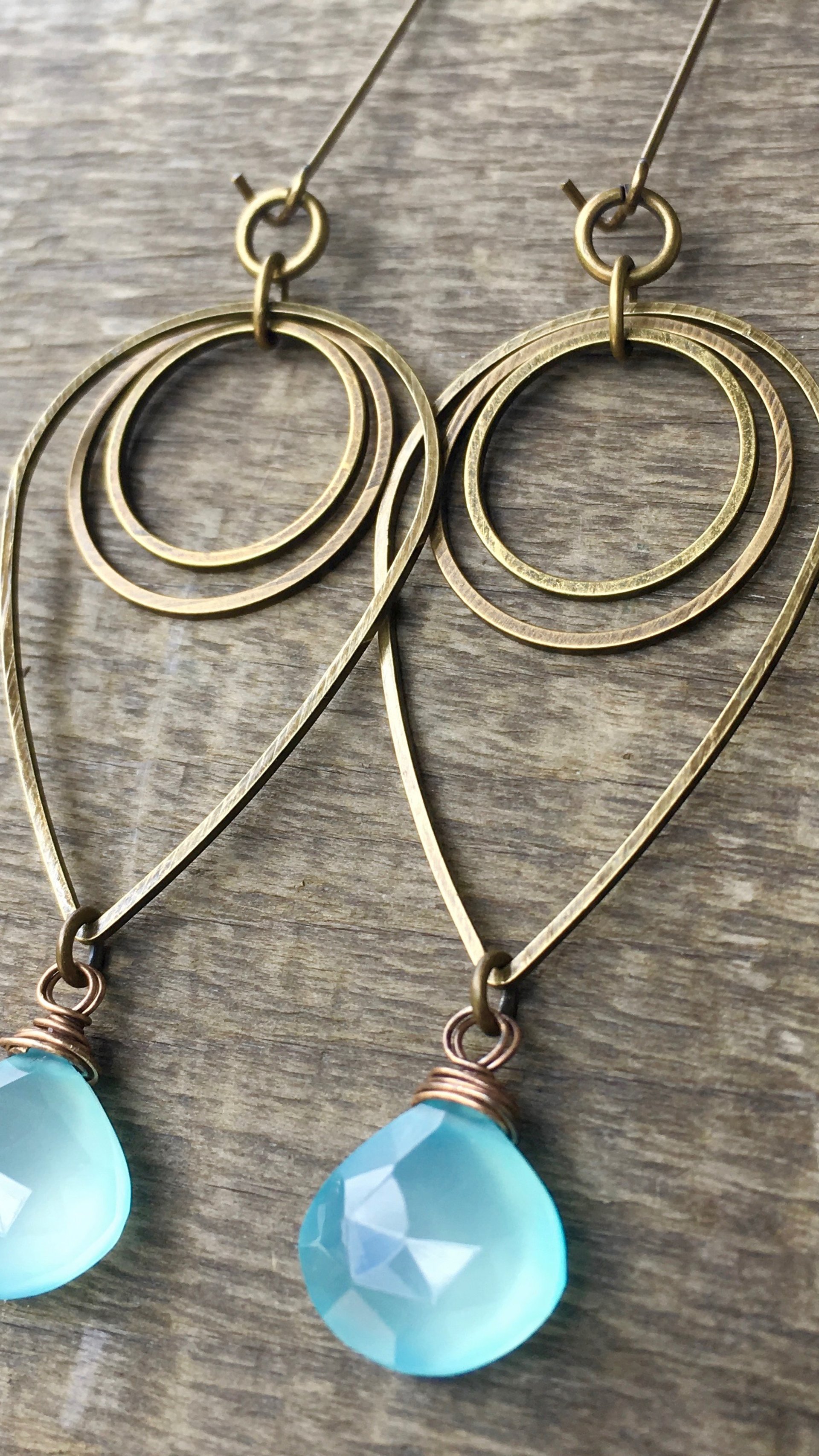 Drop of Rain Earrings | Aqua Blue Chalcedony & Brass Geometric Jewelry