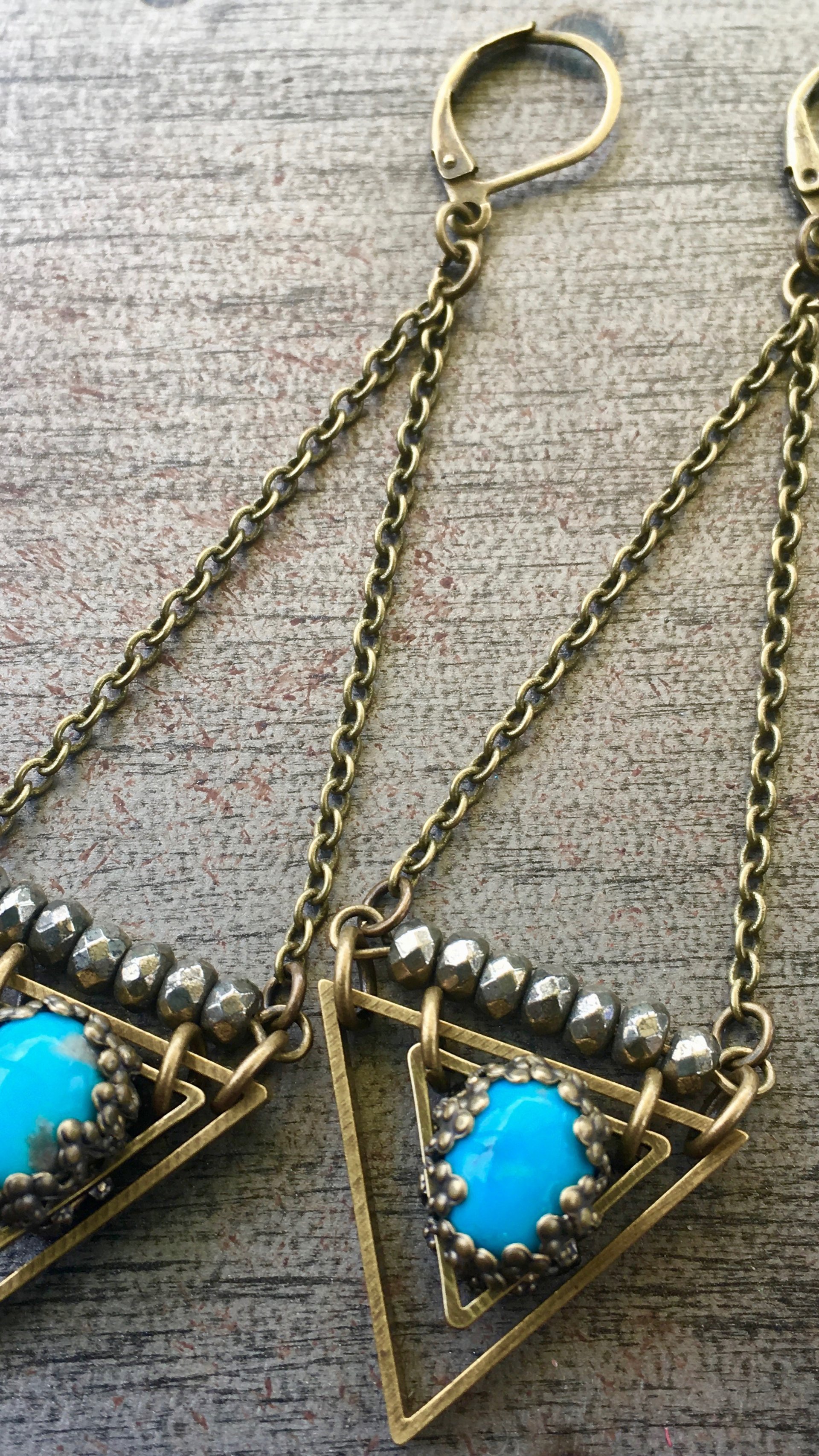 True Wisdom Earrings | Turquoise & Faceted Pyrite | Brass Triangle Drop Earrings