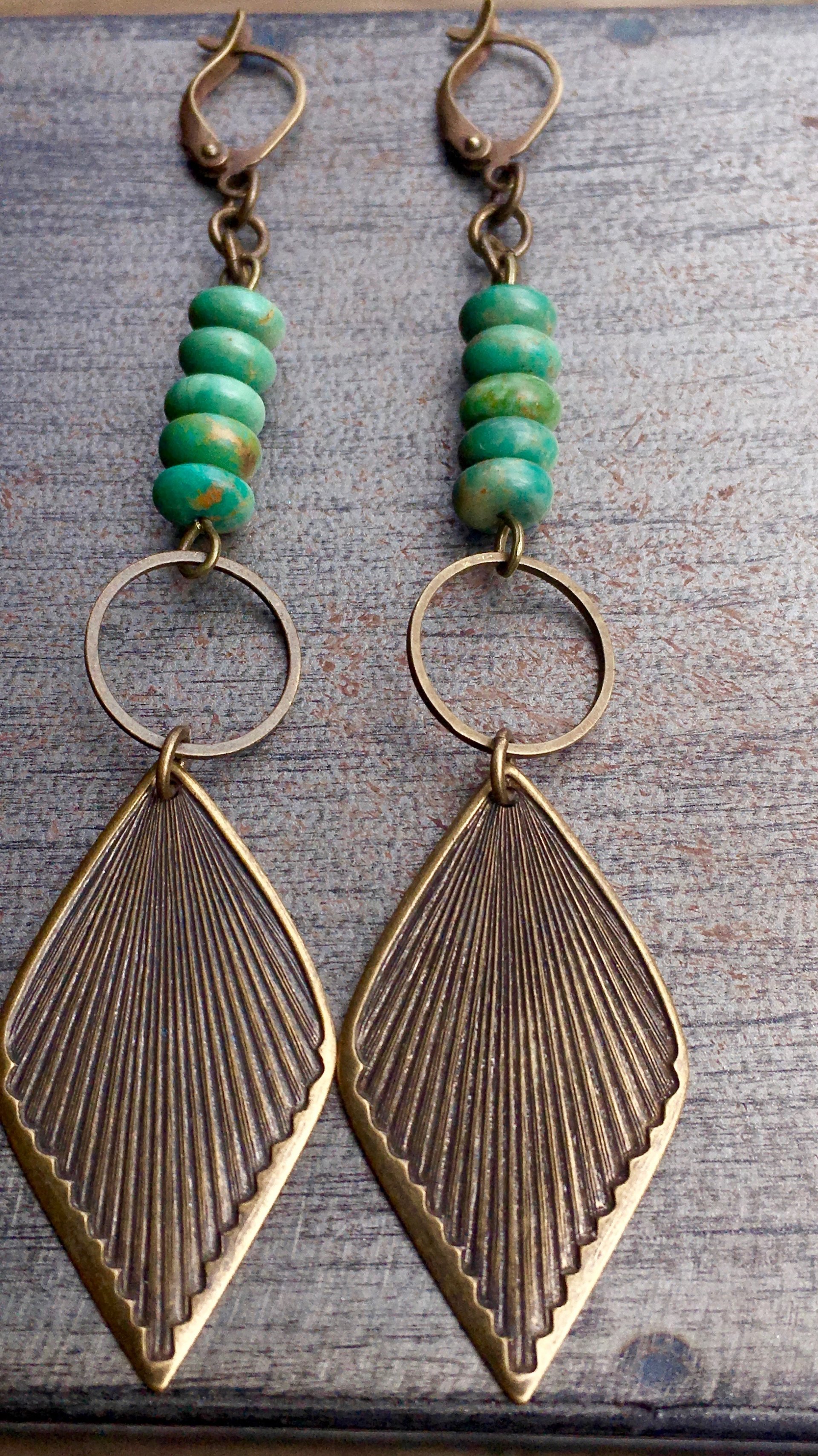 Rides the Wind Earrings | Vintage Brass Leaf & Turquoise Dangle Earrings