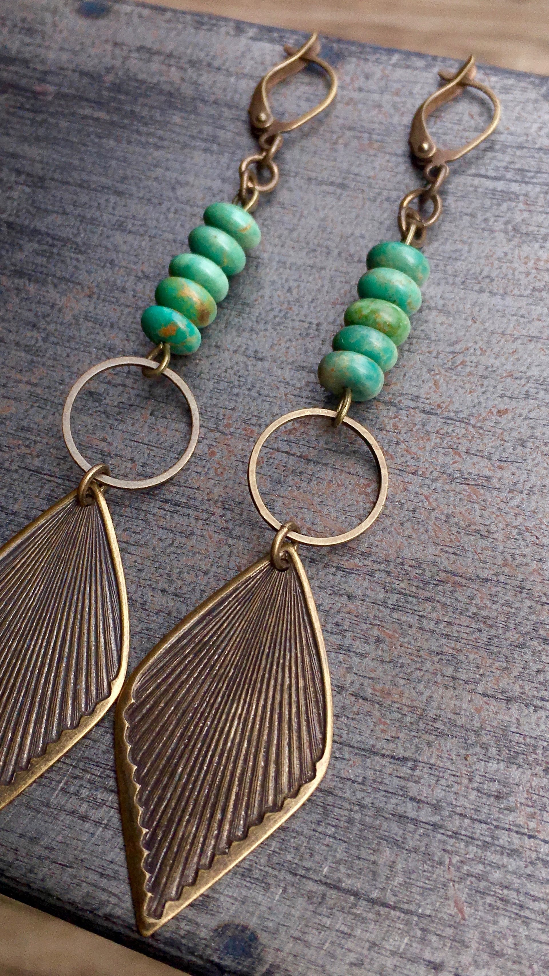 Rides the Wind Earrings | Vintage Brass Leaf & Turquoise Dangle Earrings