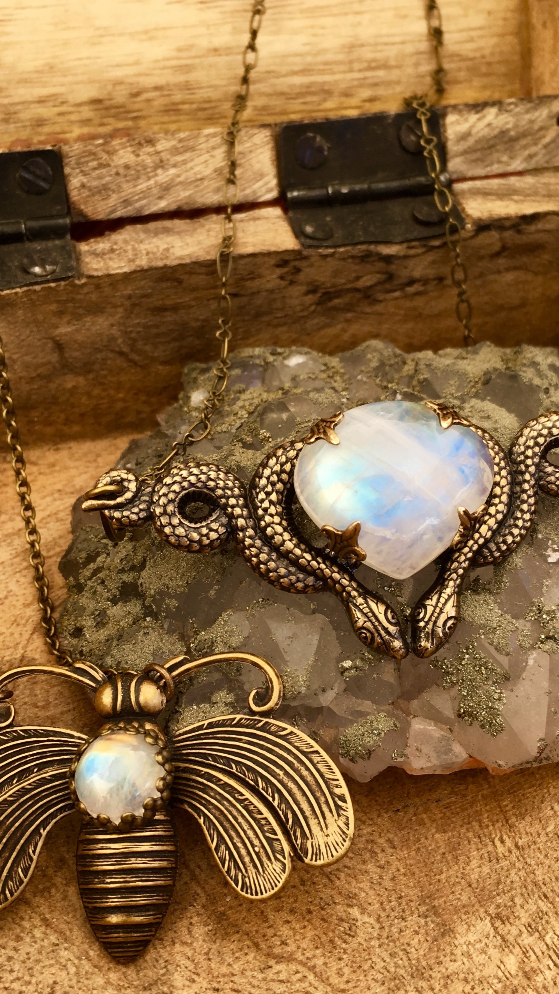 Bee Mystic Necklace | Rainbow Moonstone | Antiqued Art Deco Bee Necklace