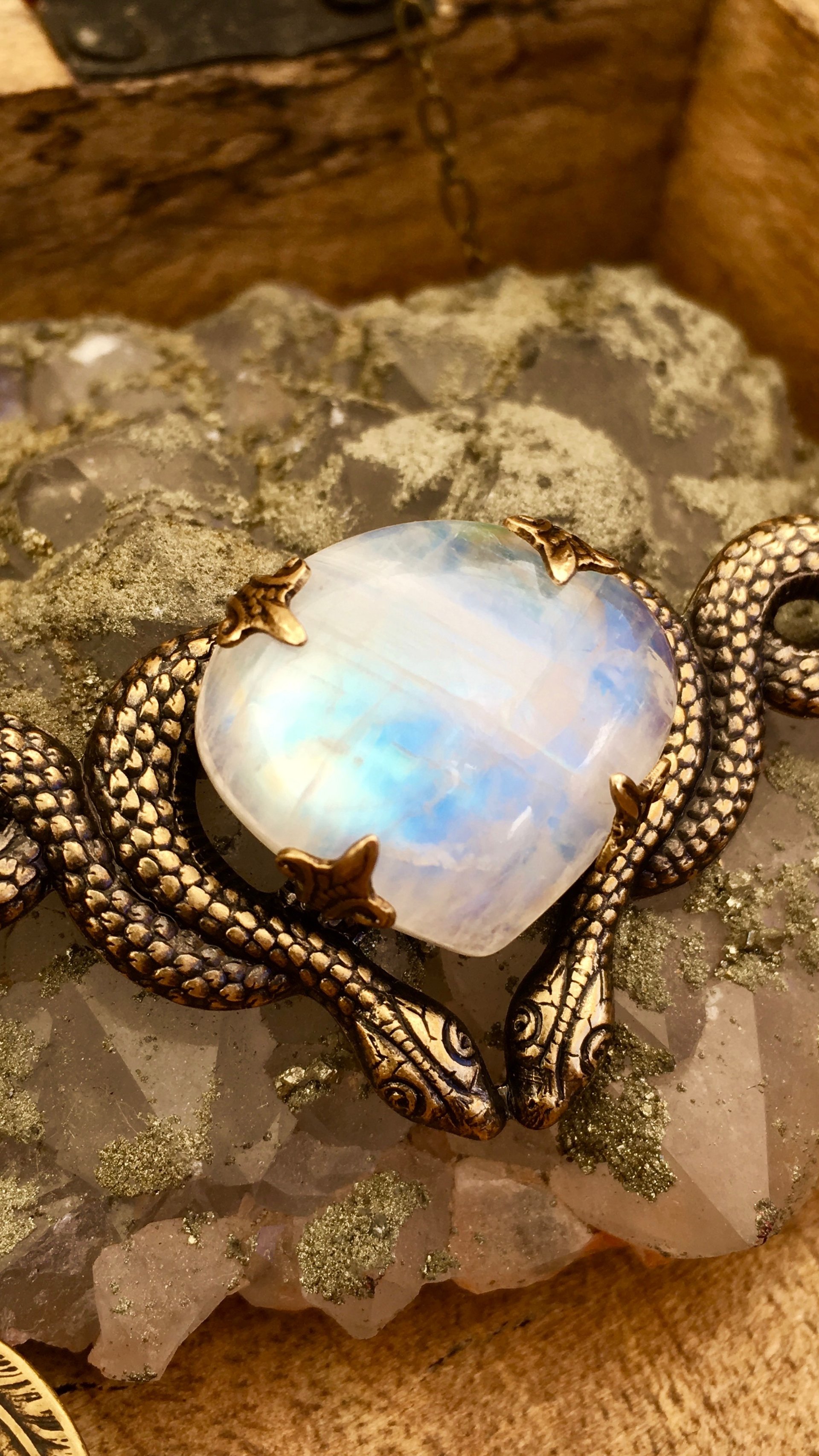 Cosmic Serpent Necklace | Rainbow Moonstone | Antiqued Brass Snake Necklace