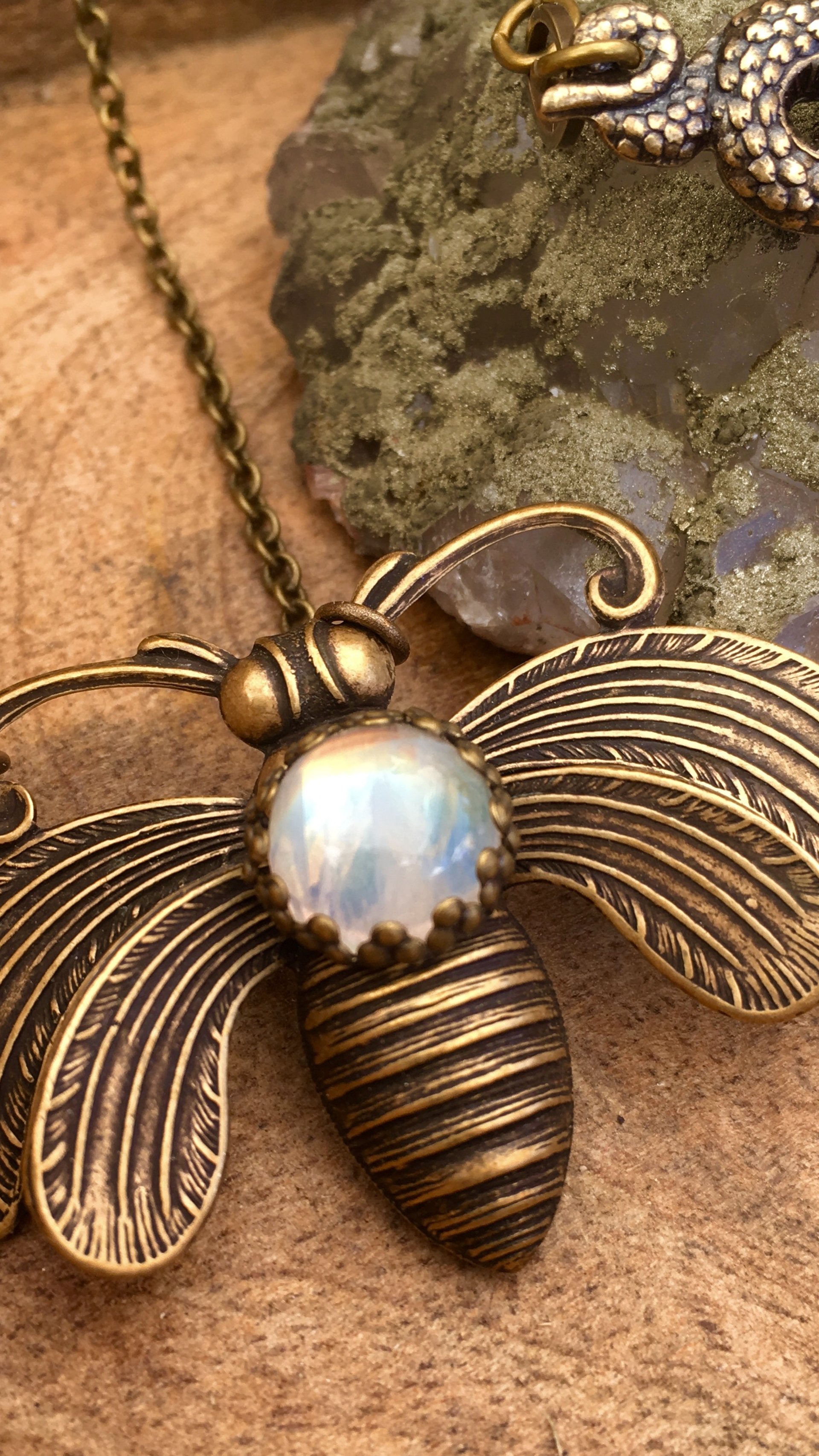Bee Mystic Necklace | Rainbow Moonstone | Antiqued Art Deco Bee Necklace