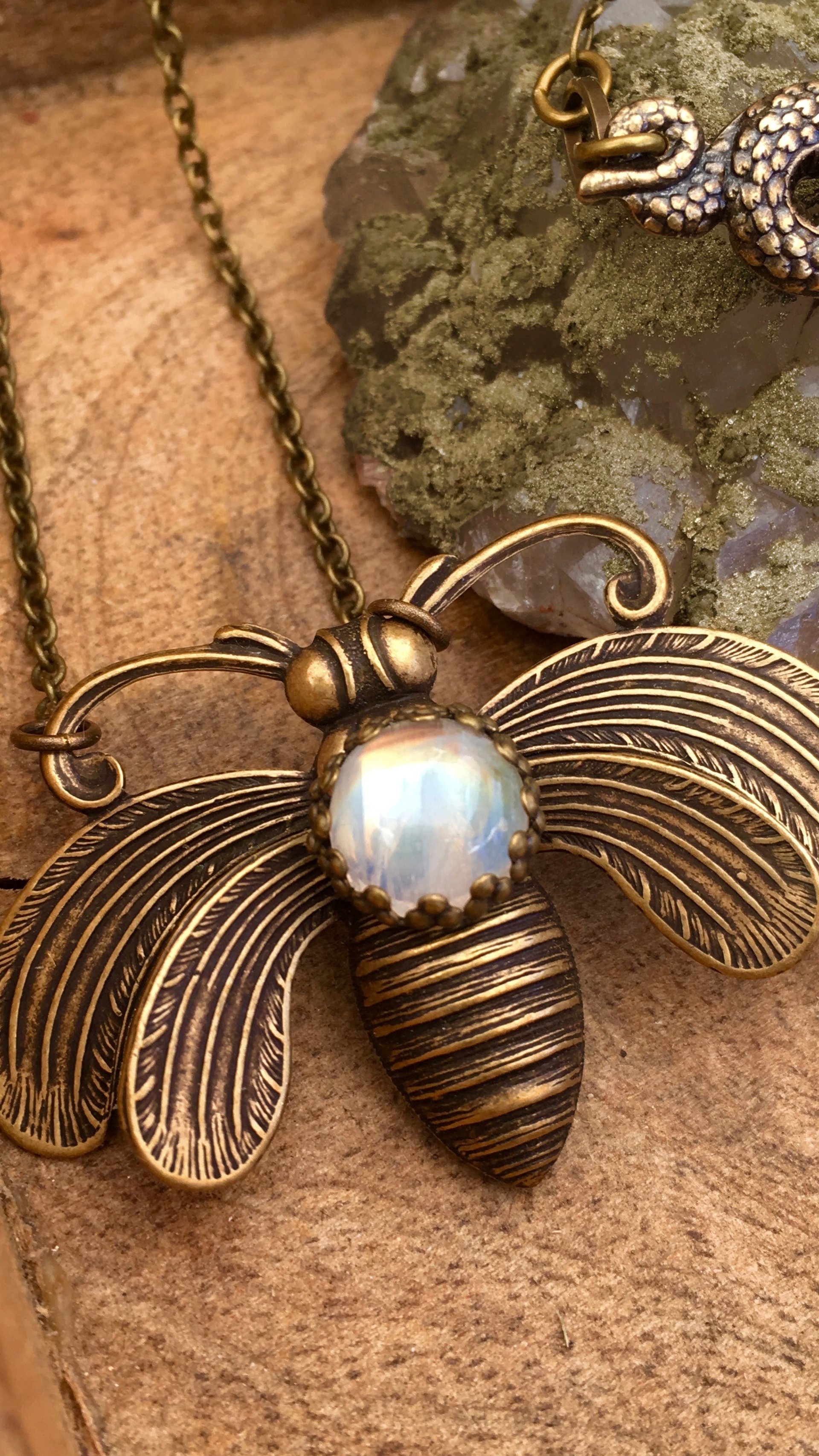 Bee Mystic Necklace | Rainbow Moonstone | Antiqued Art Deco Bee Necklace