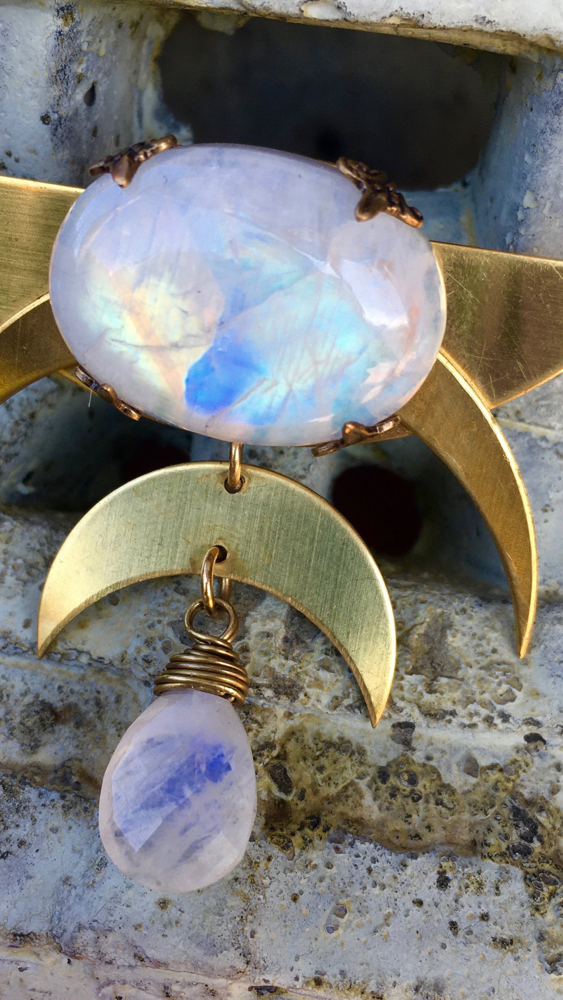 Over the Moon Necklace | Rainbow Moonstone | Brass Triple MoonDrop Necklace