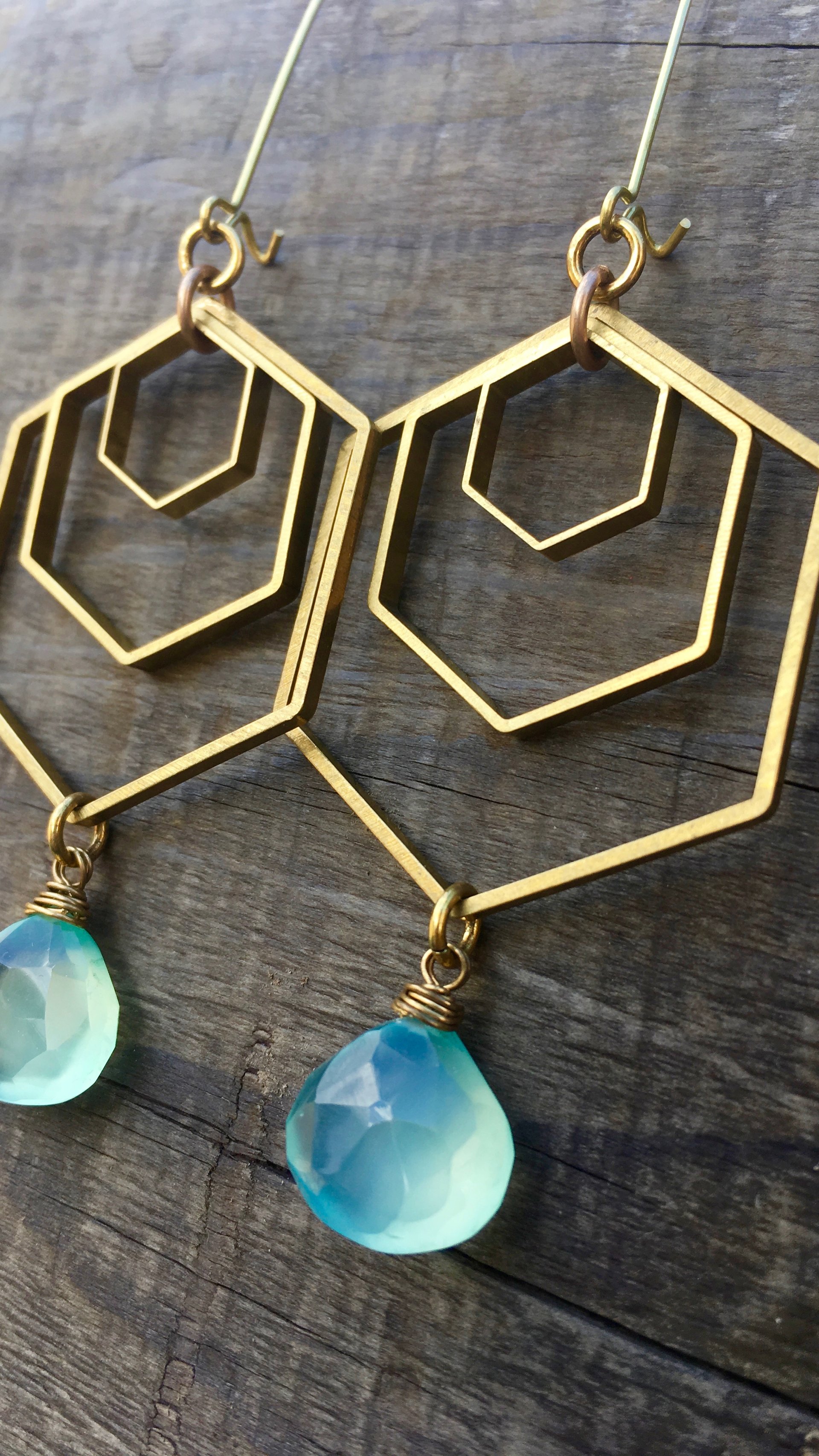 Geo Storm Earrings | Aqua Blue Chalcedony & Brass Hexagon Drop Earrings