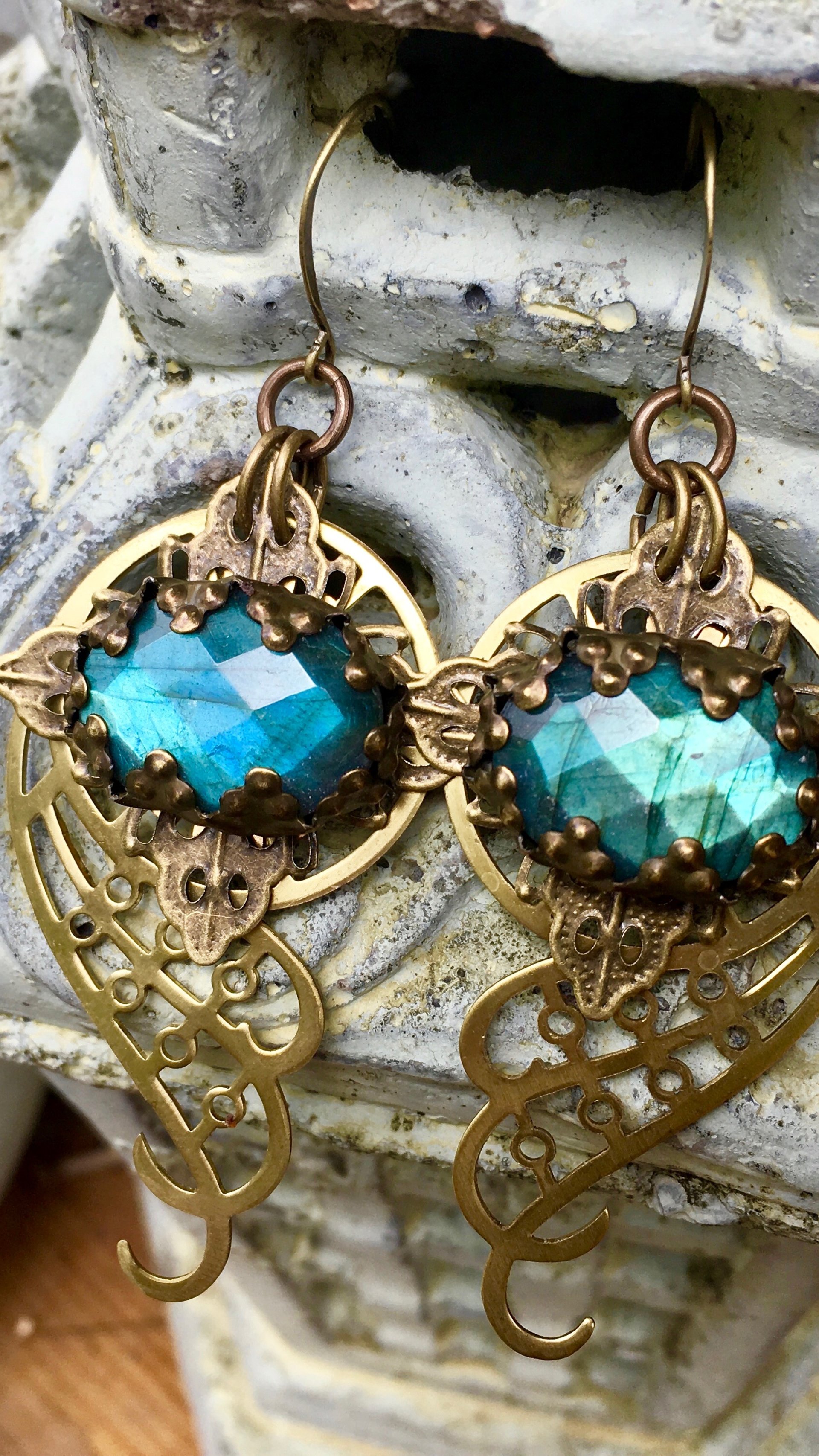Spiral Galaxy Earrings | Blue Labradorite & Brass Spiral Geometric Jewelry