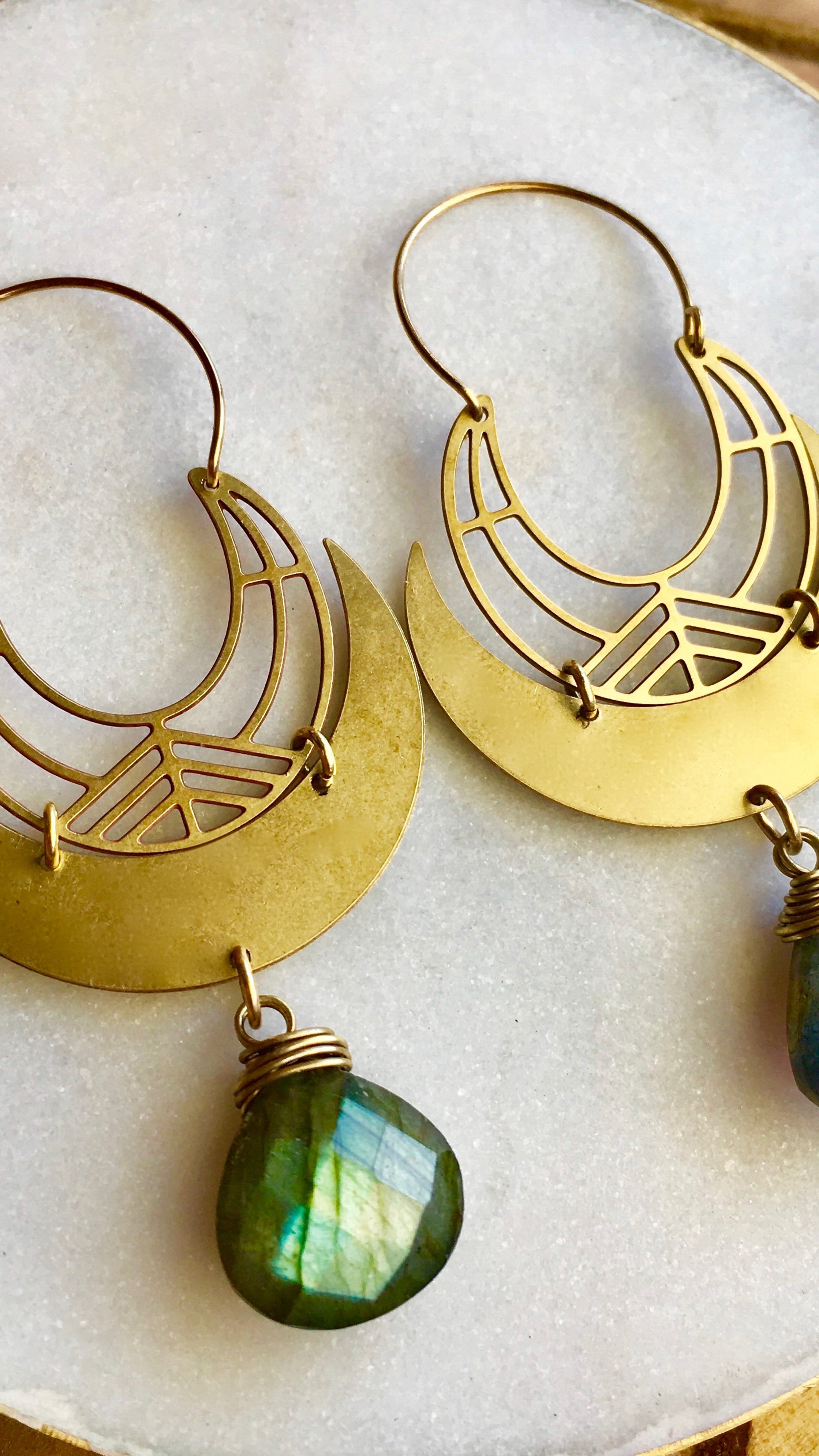 LUNAR ELLIPSE Earrings | Blue Labradorite & Brass Crescent Moon Drop Earrings