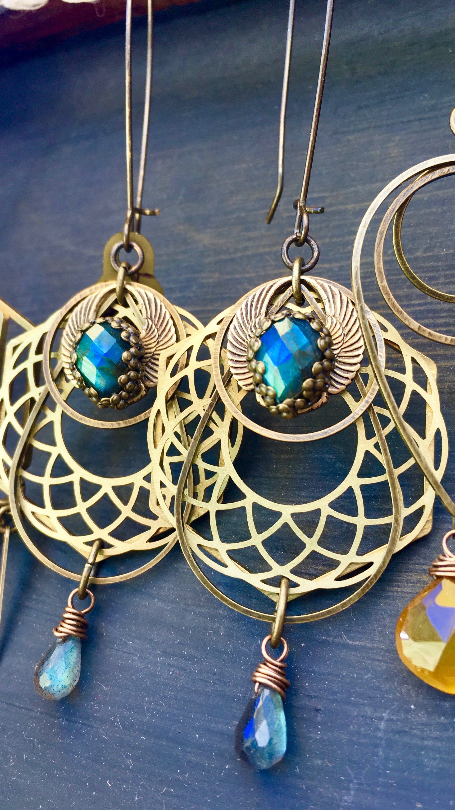 Winged Revolution Earrings | Geometric Jewelry | Blue Flash Labradorite | Scarab