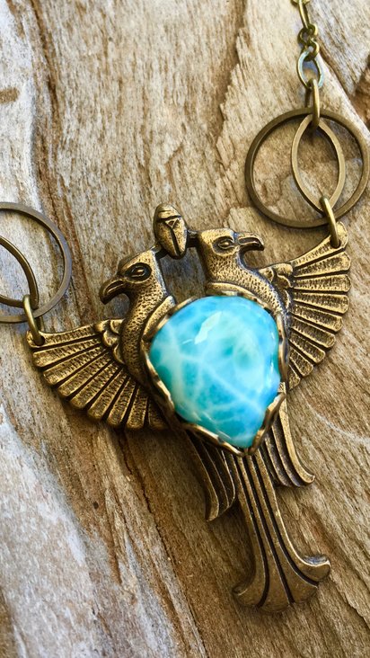 Sky Heart Necklace | Larimar | Brass Winged Falcon Necklace | Egyptian Jewelry