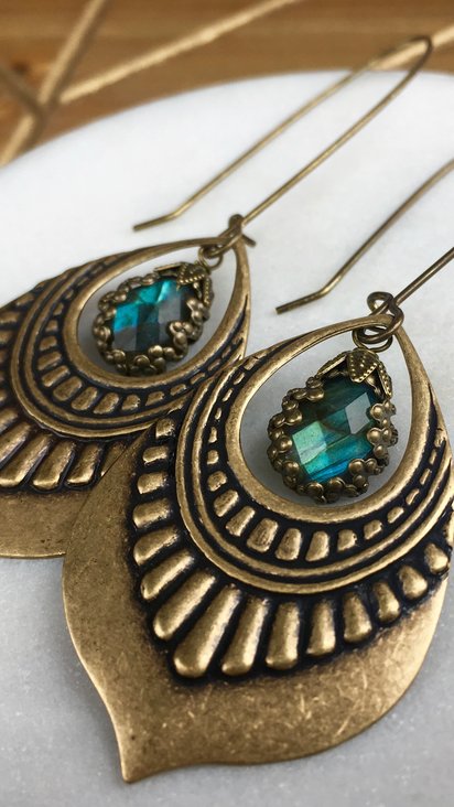 Lotus Drop Earrings | Blue Labradorite | Brass Lotus Petal Drop Earrings