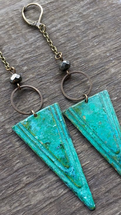 Earth Arrow Earrings | Pyrite & Patina Triangle Earrings
