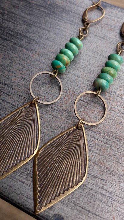 Rides the Wind Earrings | Vintage Brass Leaf & Turquoise Dangle Earrings
