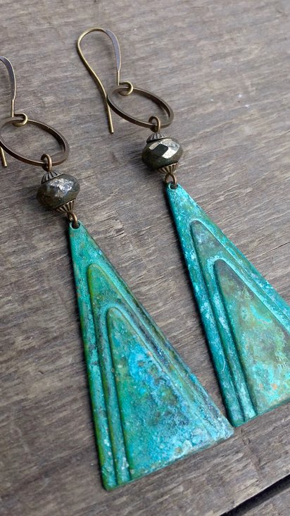 Mountain Alchemy Earrings | Faceted Pyrite | Brass Patina Triangle Drop Earrings