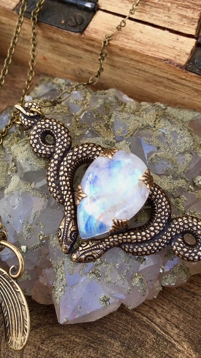 Cosmic Serpent Necklace | Rainbow Moonstone | Antiqued Brass Snake Necklace