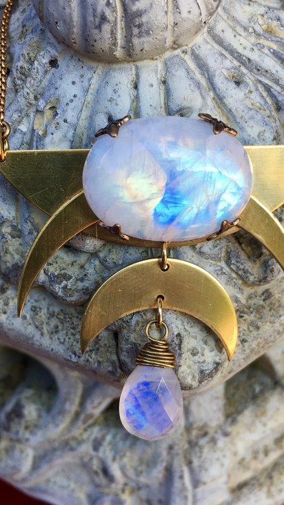 Over the Moon Necklace | Rainbow Moonstone | Brass Triple MoonDrop Necklace