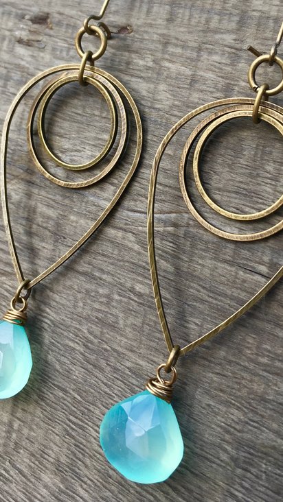 Drop of Rain Earrings | Aqua Blue Chalcedony & Brass Geometric Jewelry
