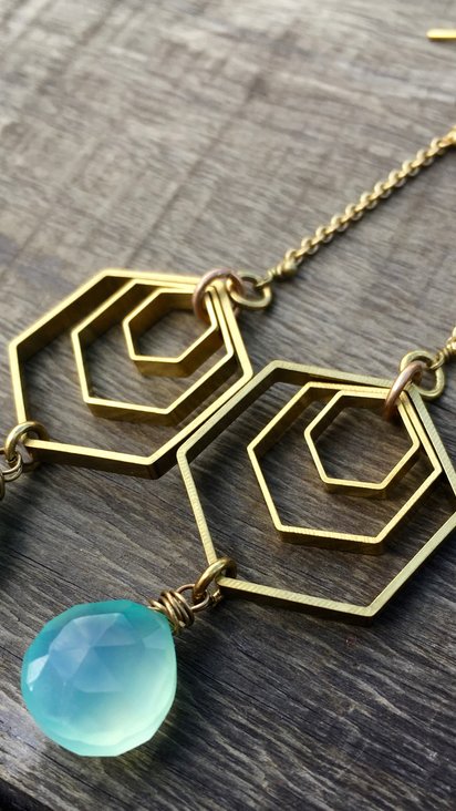 Spectral Sky Earrings |Aqua Blue Chalcedony | Brass Hexagon Dangle Drop Earrings