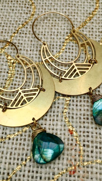 LUNAR ELLIPSE Earrings | Blue Labradorite & Brass Crescent Moon Drop Earrings