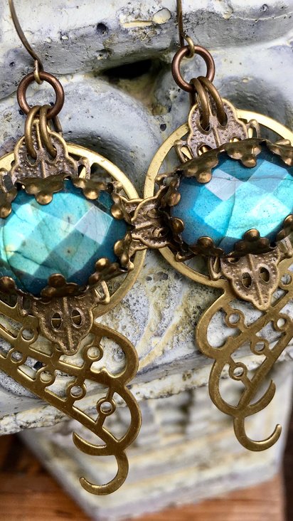 Spiral Galaxy Earrings | Blue Labradorite & Brass Spiral Geometric Jewelry